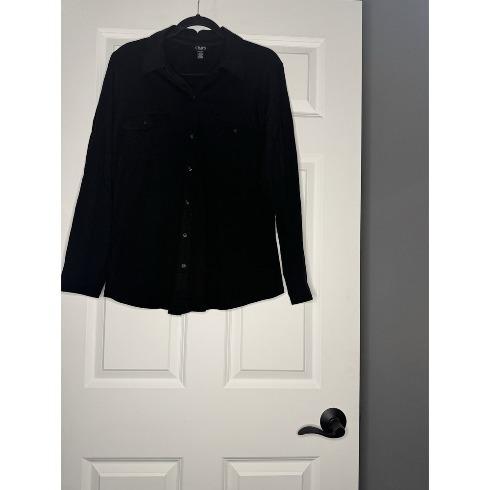 Chaps Plus Size Button Up Cotton Blend Blouse Top 2x Black